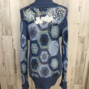 Desigual Crochet Y2K Granny Square Open Knit Sweater Cardigan Blue Boho Hippie S
